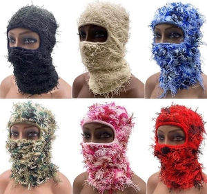 Detailed grid of six different colors of shaggy knit balaclava masks for adults