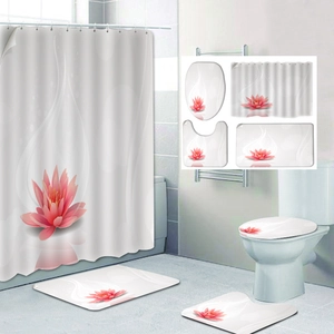 Bathroom set with pink lotus floral shower curtain and matching non-slip floor mats