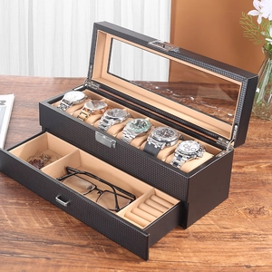 Zweistöckige Uhrenbox aus Kohlefaser mit Glasdeckel und Schmuckschublade für Herren