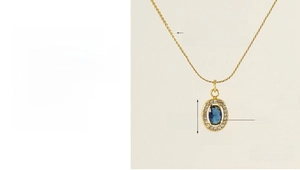 Detail showing gold stainless steel necklace with blue oval zircon and S-shaped chain