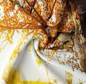 Detailed close-up showing the soft fabric texture of the autumn forest landscape tapestry