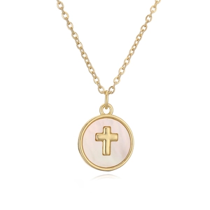 18K gold plated necklace featuring a round shell pendant with an embossed cross design