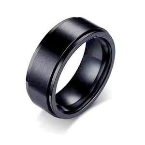 Mens rotatable black titanium steel ring with a modern brushed metal finish