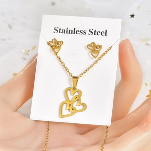 Close-up of a gold hollow heart jewelry set with stainless steel necklace and earrings