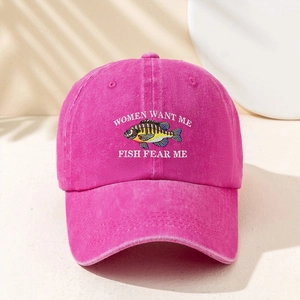 Vintage pink washed cotton baseball cap with Women Want Me Fish Fear Me embroidery