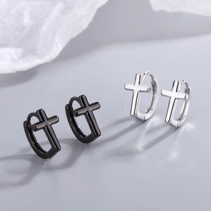 Minimalist black and silver cross hoop earrings with a sleek unisex design