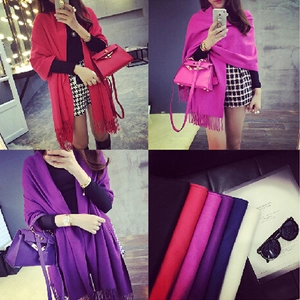 Solid long cashmere-feel scarf with tassels shown in red, white and navy blue colors