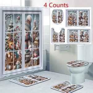 Detailed 4-piece Christmas bathroom set with snowman shower curtain and non-slip mats