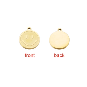 Voor- en achterkant van een gepolijste gouden smiley hanger van roestvrij staal
