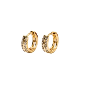 Exquisite 18K gold plated double-row cubic zirconia hoop earrings on white background