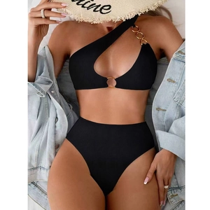 One-shoulder black bikini set with metal rings and high-waist bottom for summer beachwear