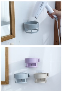 Wall-mounted hair dryer holder with cable hook in various colors for bathroom storage