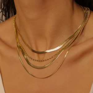 Layered 18K gold-plated stainless steel snake and twist chains necklace set for women