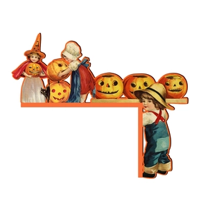 Detail view of retro Halloween wood door corner decor with kids, black cat and pumpkins