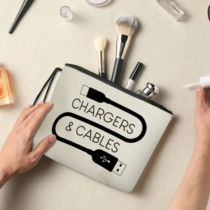 Beige canvas travel organizer pouch for chargers and cables with sleek zipper closure