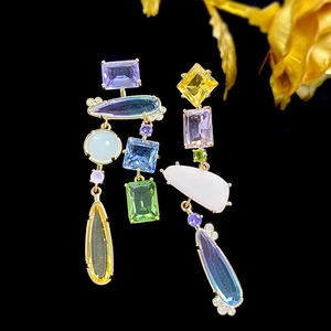 Asymmetric drop earrings with multi-color geometric gemstones and gold alloy finish