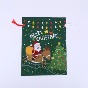 Detail of green Christmas drawstring gift bag with Santa and reindeer cartoon pattern
