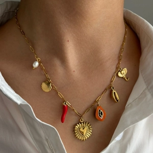 Bohemian 18K gold plated necklace with shell, red chili, and heart charms for women