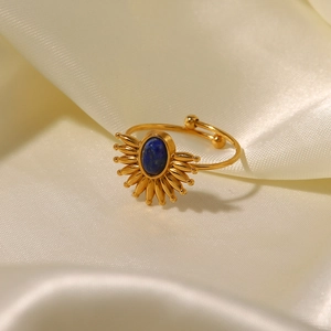 Anello aperto in acciaio inossidabile placcato oro 18K con lapislazzuli blu a raggiera