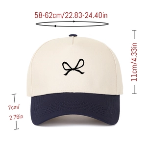 Size details of a color-block baseball cap with bow embroidery and adjustable back