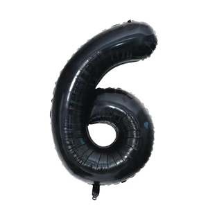Detailed view of the number 6 black foil balloon with a shiny metallic finish for parties