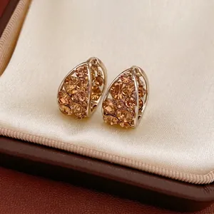 Elegant U-Shape Hoop Earrings Alloy Champagne Rhinestone With 925 Sterling Silver Earring Post For Women