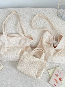Lace crochet canvas tote bag set in creamy white for summer beach vacation style