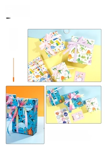 Detailed view of colorful dinosaur and unicorn gift wrapping paper with satin ribbons