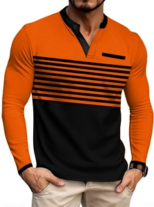 Detail of men's long sleeve Henley shirt featuring orange and black contrast stitching