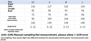 Guide des tailles pour robe satinée asymétrique avec mesures de poitrine et taille