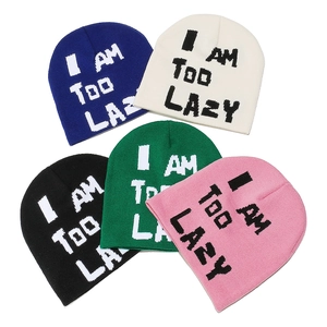 Acrylic Knitted Beanie Hat Warm Winter Autumn I AM TOO LAZY Letter Jacquard Casual Street Style For Women