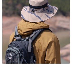 Back view of a camouflage sun hat and tactical backpack for outdoor hiking and fishing