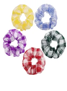 Detailed view of 5-piece checkered organza scrunchies in vibrant assorted colors
