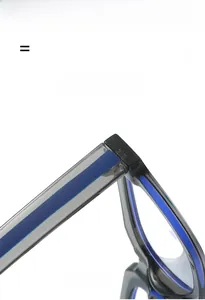 Dettaglio montatura quadrata in acetato con contrasto grigio e blu e struttura cerniera
