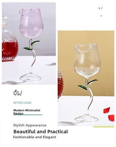 Close-up of creative rose-shaped wine glass with pink bud and green stem detail
