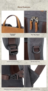 Macro detail of camera backpack features including SBS zippers and reinforced stitching