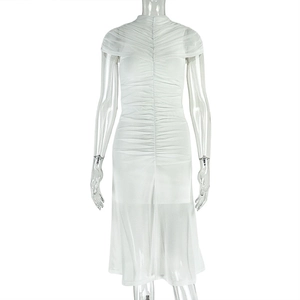 Detailed view of white bodycon dress with pleated ruching and chic stand collar design