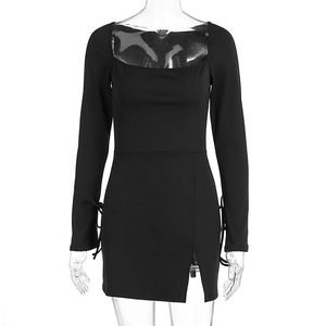 Detail of square neck long sleeve mini dress with side slit and drawstring cuffs