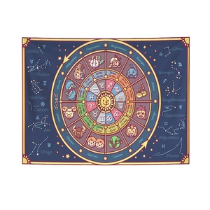 Abstract twelve zodiac signs tapestry with minimalist cartoon illustrations and sun symbol