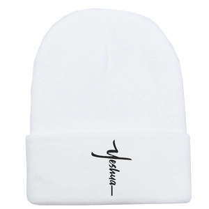 White Yeshua cross embroidery knit beanie hat for winter warmth and street style fashion