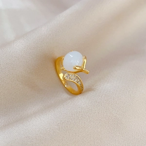 Adjustable gold plated fox ring with white jade stone and zircon micro-pave detailing