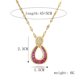 Detail showing 45+5cm chain length and 2.3x1.5cm pink pear-shaped zircon pendant