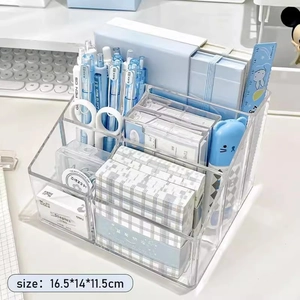 Clear acrylic desktop organizer with five compartments for pens and stationery storage