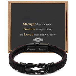 Men Stainless Steel Braided Leather Bracelet Magnetic Clasp Twisted Rope Cuff Bangle With Message Card Gift Jewelry For Men