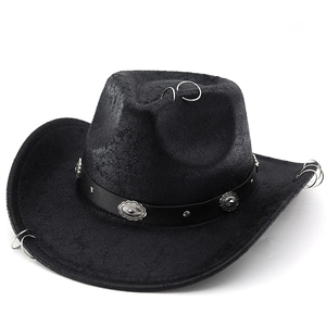 Detail of black suede cowboy hat featuring silver metal rings and decorative concho belt