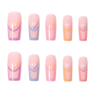 Rainbow French tip press-on nails with colorful geometric designs and glossy finish