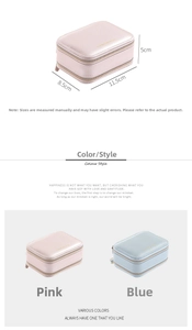Detailed size view of portable double-layer travel jewelry box in pink and blue PU leather