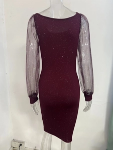 Detail view of the back of a slim wine red dress featuring sparkling silver glitter accents