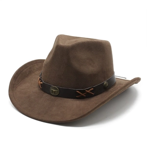 Western Cowboy Hat Faux Suede Wide Brim Retro Fedora Jazz Hat With Cow Head Metal Buckle For Men Women