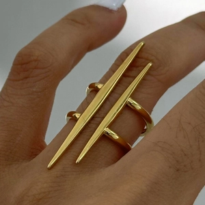 Minimalist double bar gold ring on hand showcasing unique vertical geometry design